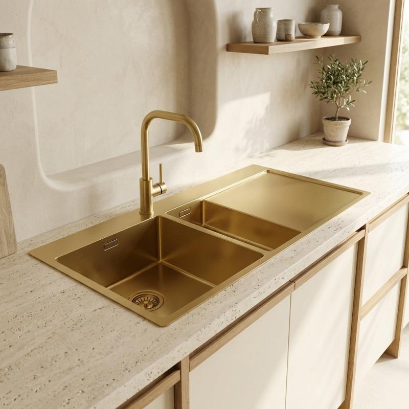 Pure.Sink Exclusivo Gouden 1,5  spoelbak met afdruipgedeelte 100x52 cm Tapwing links PEX3418100LT-60